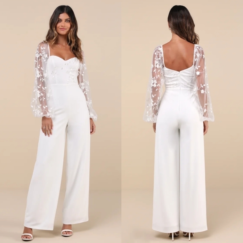 Lulus Darling Charisma White Mesh Embroidered Jumpsuit M Wedding Party Bridal